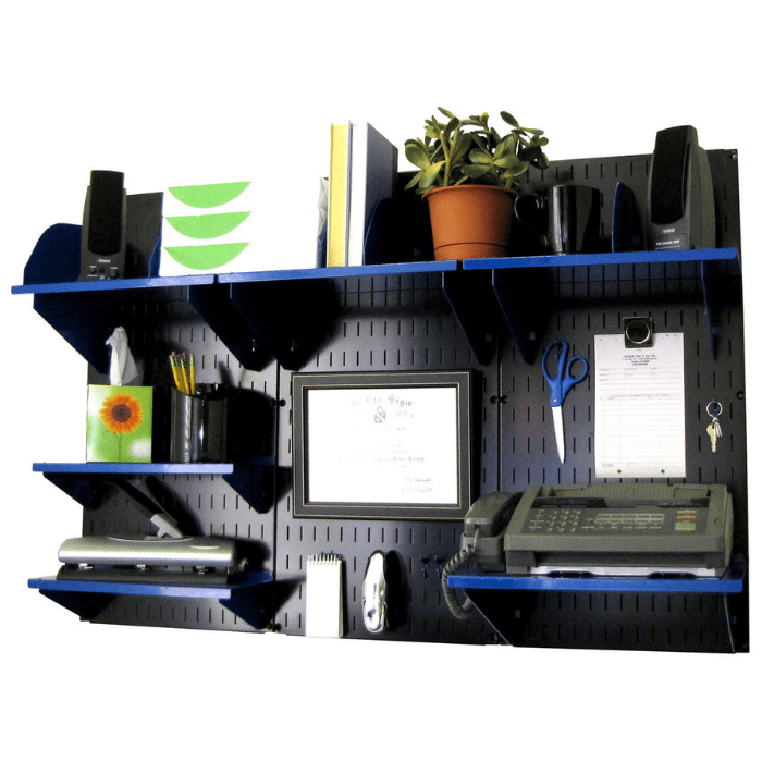 The Wall-Mounted Home Organizer with a black pegboard and blue accessories with supplies