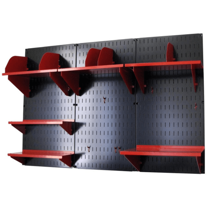 The Wall-Mounted Home Organizer with a black pegboard and red accessories