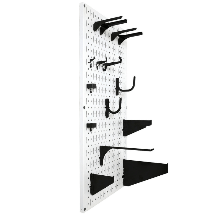 The Wall Control Signature Textured Matte Metal Pegboard Panel with black accessories