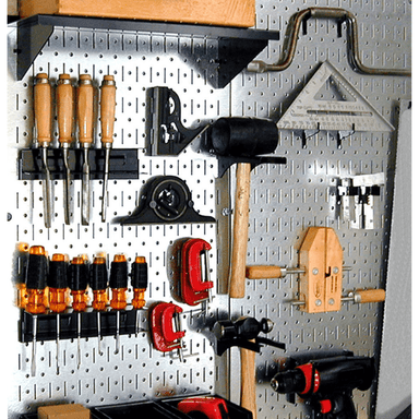 The metallic variant of the Metal Pegboard Pack - Two 32in x 16in Pegboard Tool Boards with black accessories and tools