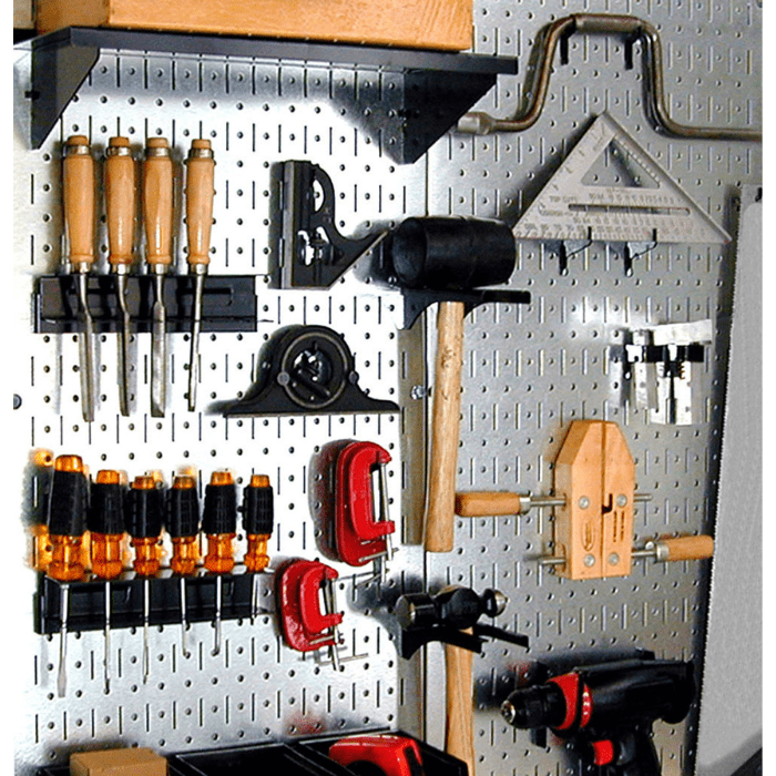 The metallic variant of the Metal Pegboard Pack - Two 32in x 16in Pegboard Tool Boards with black accessories and tools