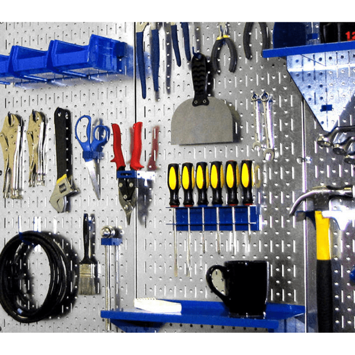 The metallic variant of the Metal Pegboard Pack - Two 32in x 16in Pegboard Tool Boards with blue accessories and tools