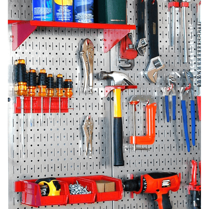 The metallic variant of the Wall Control Galvanized Steel Metal Pegboard Pack 32in x 16in with red accessories and tools
