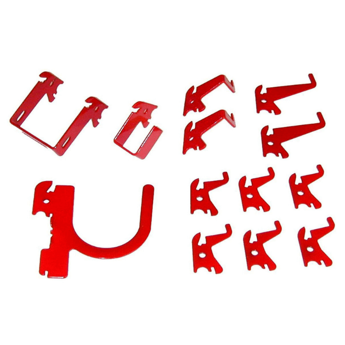 The red variant of the Basic Slotted Metal Pegboard Accessory Pack by Wall Control