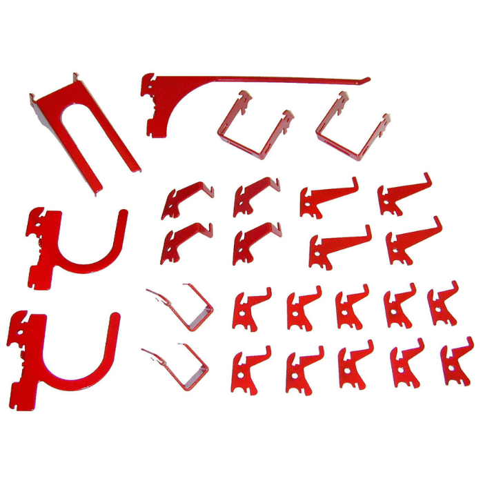 The red variant of the Wall Control Deluxe Slotted Metal Pegboard Accessory Pack