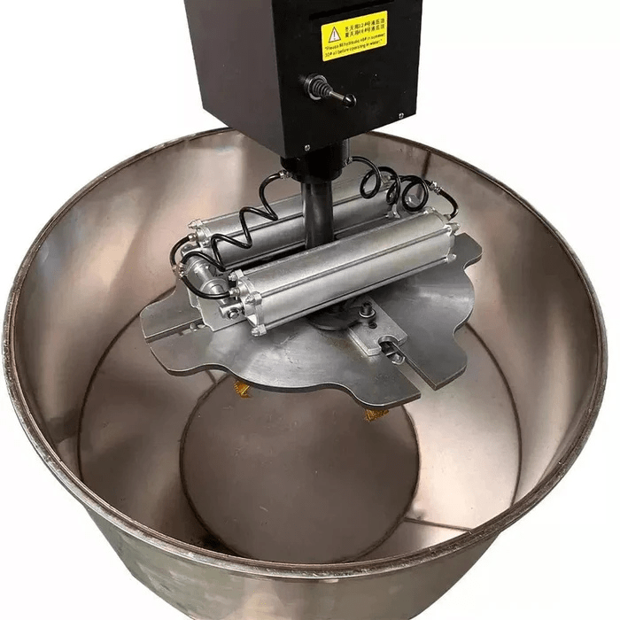This close-up image of the Katool RPM80 Rim Polishing Machine highlights the polishing head and internal drum setup. The sturdy arm and dual-cylinder system ensure consistent, high-pressure contact for smooth, even rim finishes.