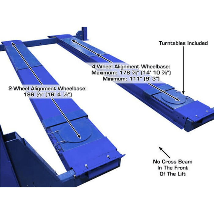 This diagram of the Atlas PVL14OF-EXT highlights alignment wheelbase capabilities and the open-front design—making it clear why this lift is ideal for precision alignment work on both short and long-wheelbase vehicles.