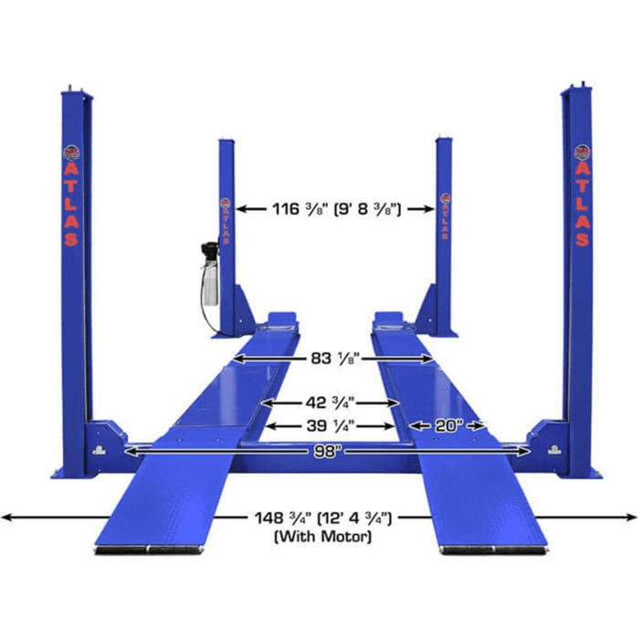 This front-facing diagram of the Atlas PVL14OF-EXT highlights key dimensions like column spacing, drive-thru width, and overall footprint—essential specs for evaluating shop layout and vehicle fitment.