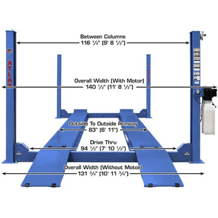 This front-view diagram of the Atlas PVL14 showcases its wide column spacing, drive-thru clearance, and total width—helping buyers visualize garage space requirements.