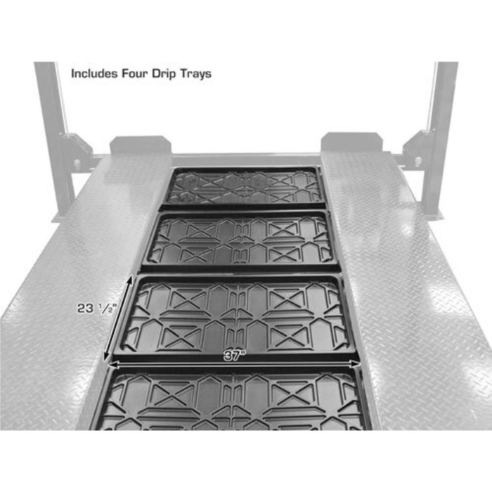 This image highlights the four included drip trays on the Atlas PRO8000EXT Extra Tall Portable 8000lb Four-Post Vehicle Lift, designed to catch any leaking fluids and keep the vehicle below clean.