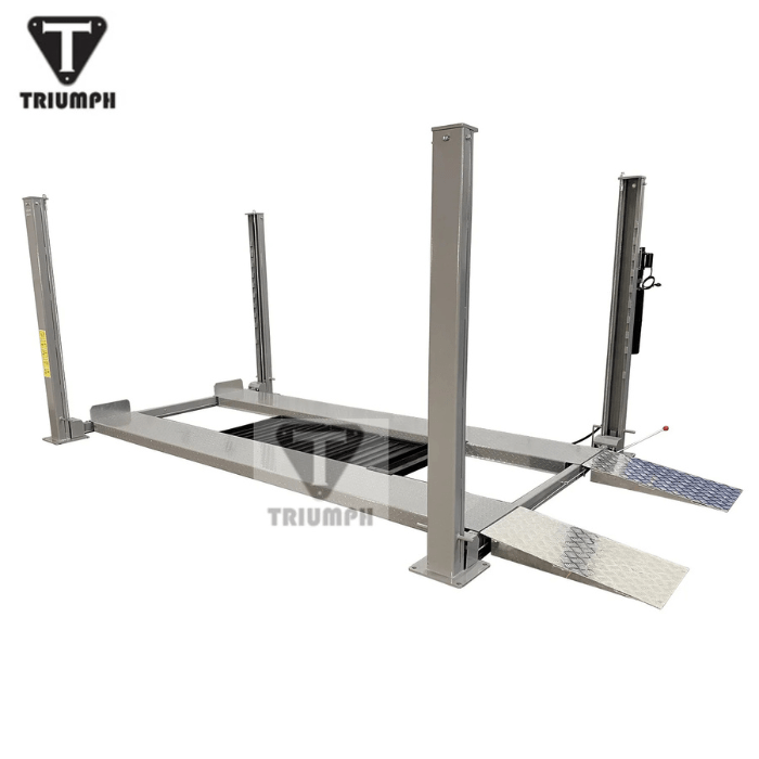 Three-quarter angle of the Triumph NSS-8 Classic Vehicle Lift with four sturdy columns, diamond-plate runways, and integrated approach ramps for an 8,000 lb lifting capacity.