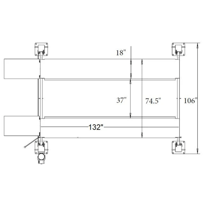 Top-down dimension diagram of the Triumph NSS-8 Classic Vehicle Lift, showing runway width, overall platform length, and column spacing for accurate installation measurements.