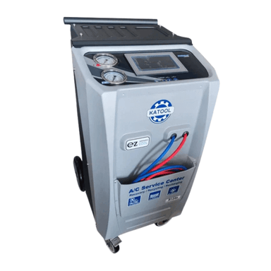 Top angled view of the Katool KT-AC1800 Dual A-C Machine with pressure gauges, touchscreen interface, and color-coded service hoses.