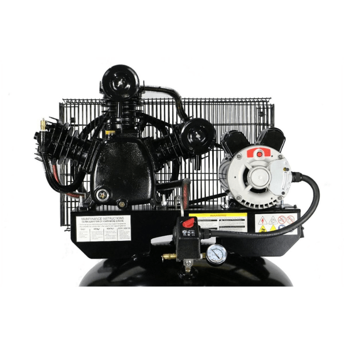 Top close-up of the Atlas Equipment Air Force 5HP 80 Gallon Air Compressor (AF6) showing the twin-cylinder pump, electric motor, pressure gauge, and safety guard.