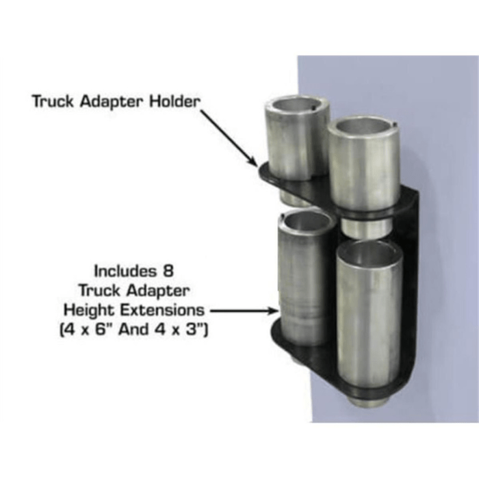 Truck adapter holder mounted on the Atlas PVL9BP lift column, securely storing eight steel truck adapter extensions in two sizes (4 x 6 and 4 x 3).