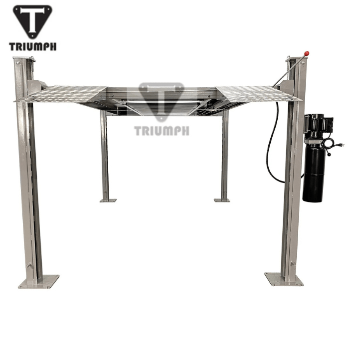 Under-rear perspective of the Triumph NSS-8 Vehicle Lift, featuring diamond-plate runways, four sturdy columns, and a side-mounted hydraulic power unit designed for 8,000 lb lifting capacity.
