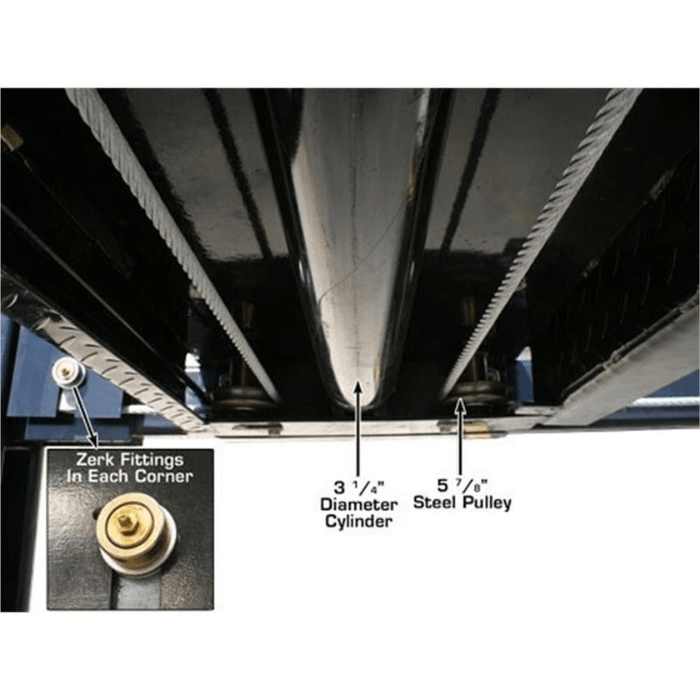 Underside view of the Atlas PRO8000 showing its 3 ¼ hydraulic cylinder, dual steel pulleys, and corner Zerk fittings—engineered for smooth lifting action and easy maintenance access.