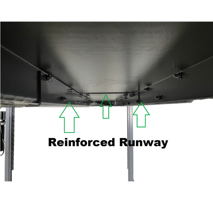 Underside view of the Triumph NSS8X-1 8,000 lb Four-Post Car Lift runway, highlighting reinforced support for added durability.