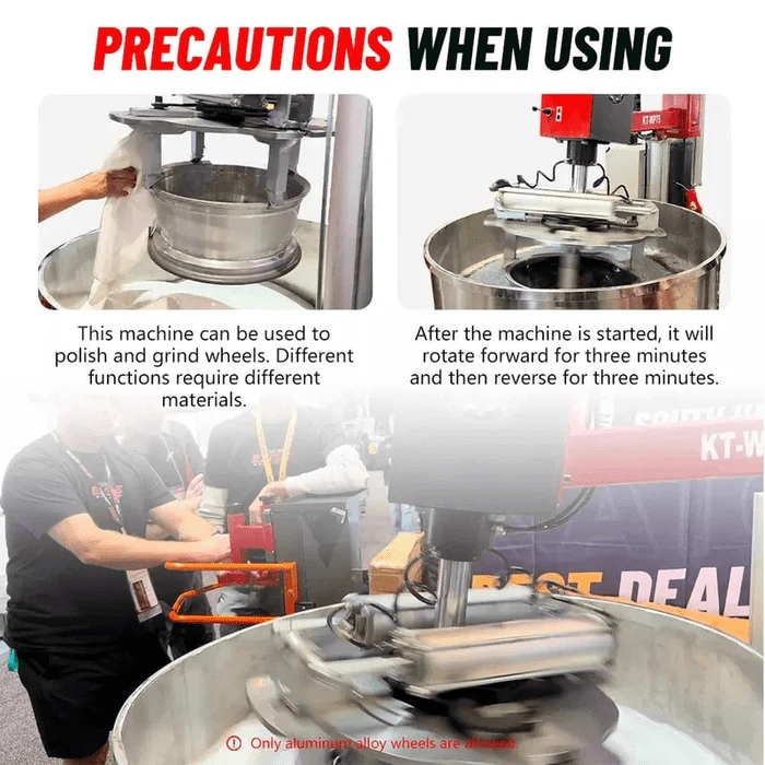 Usage precautions and operational instructions for the Katool KT-RPM80 Professional Rim Polishing Machine, including forward and reverse rotation cycles.