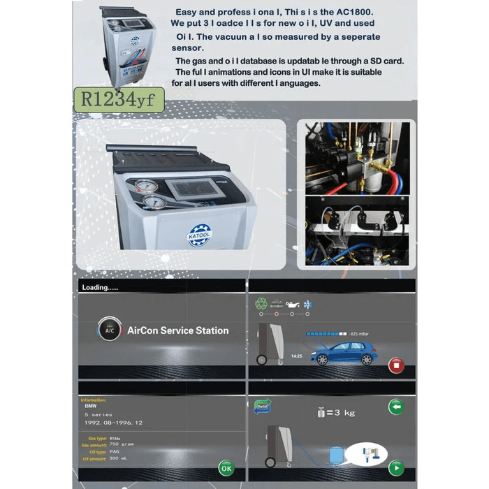 User interface and internal system overview of the Katool AC2100 A-C Machine, including touchscreen display, oil modules, and AirCon service visuals.