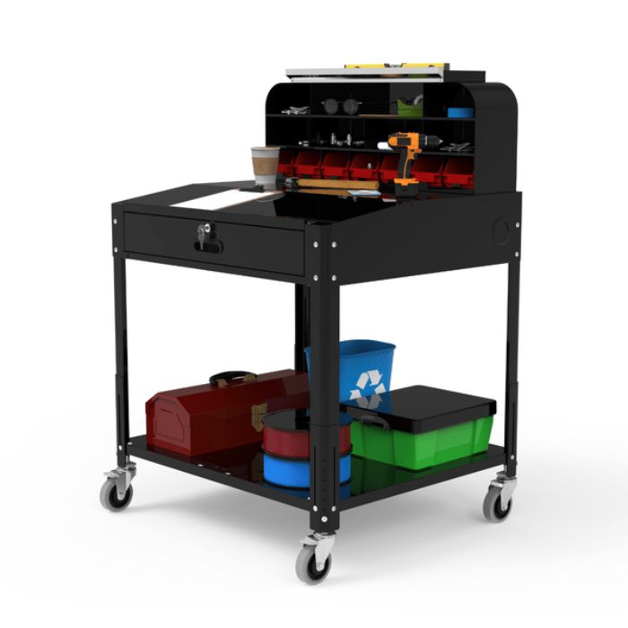 Viewing the Luxor Shop Desk with Pigeonhole Bin Unit from the front right side with materials