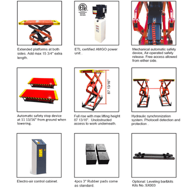 XL-9F features extendable platforms, safety stops, dual hydraulics