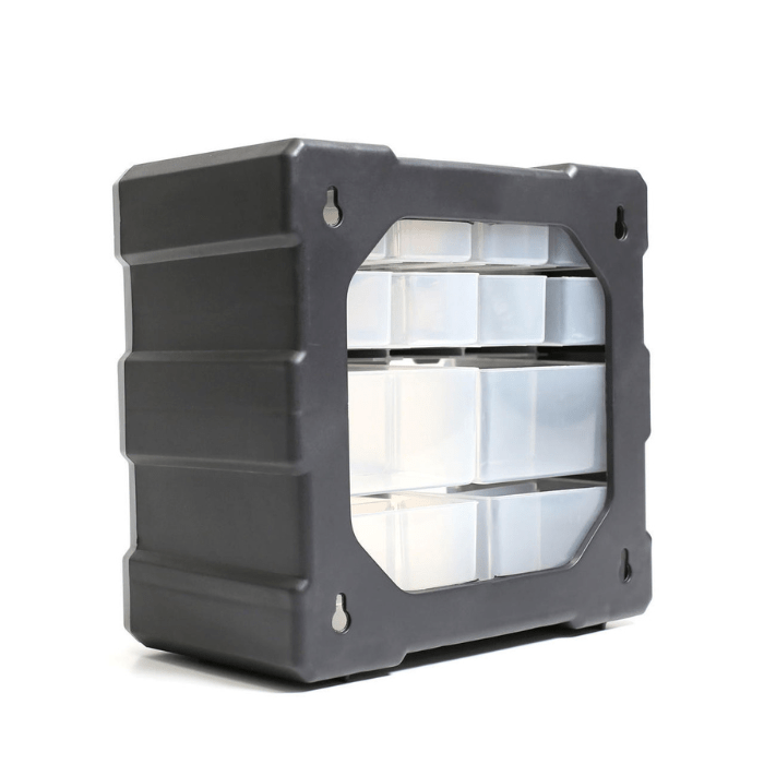 back side view of the 12-Drawer Pegboard Bin Cabinet