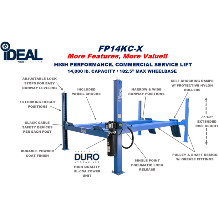 iDEAL FP14KC-X 14,000 lb capacity 4-post lift diagram with labeled features and specifications.