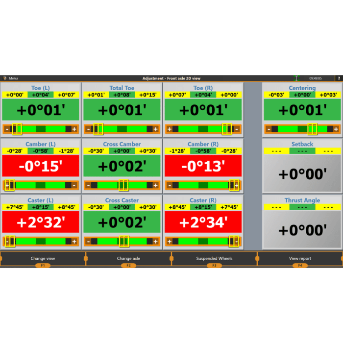 iDEAL IWA-60-2000T-K 3D wheel aligner display showing detailed front axle adjustment readings