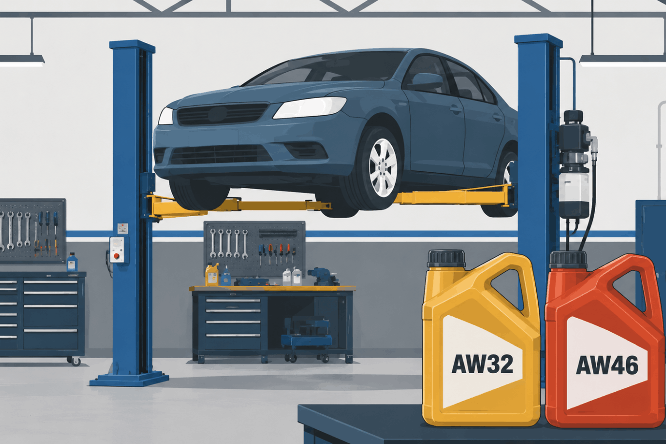 “AW32 and AW46 hydraulic fluid containers beside a car raised on a two-post lift in an automotive shop.