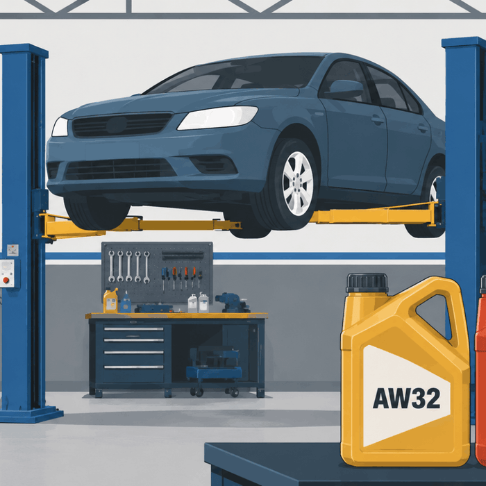 “AW32 and AW46 hydraulic fluid containers beside a car raised on a two-post lift in an automotive shop.