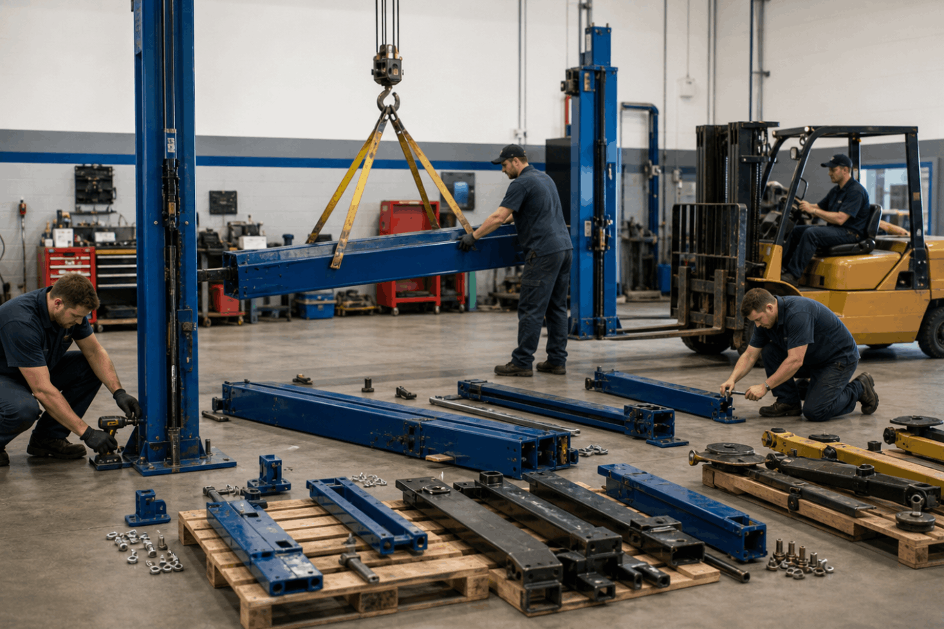 Auto shop crew installing vehicle lift components with forklift and overhead hoist support