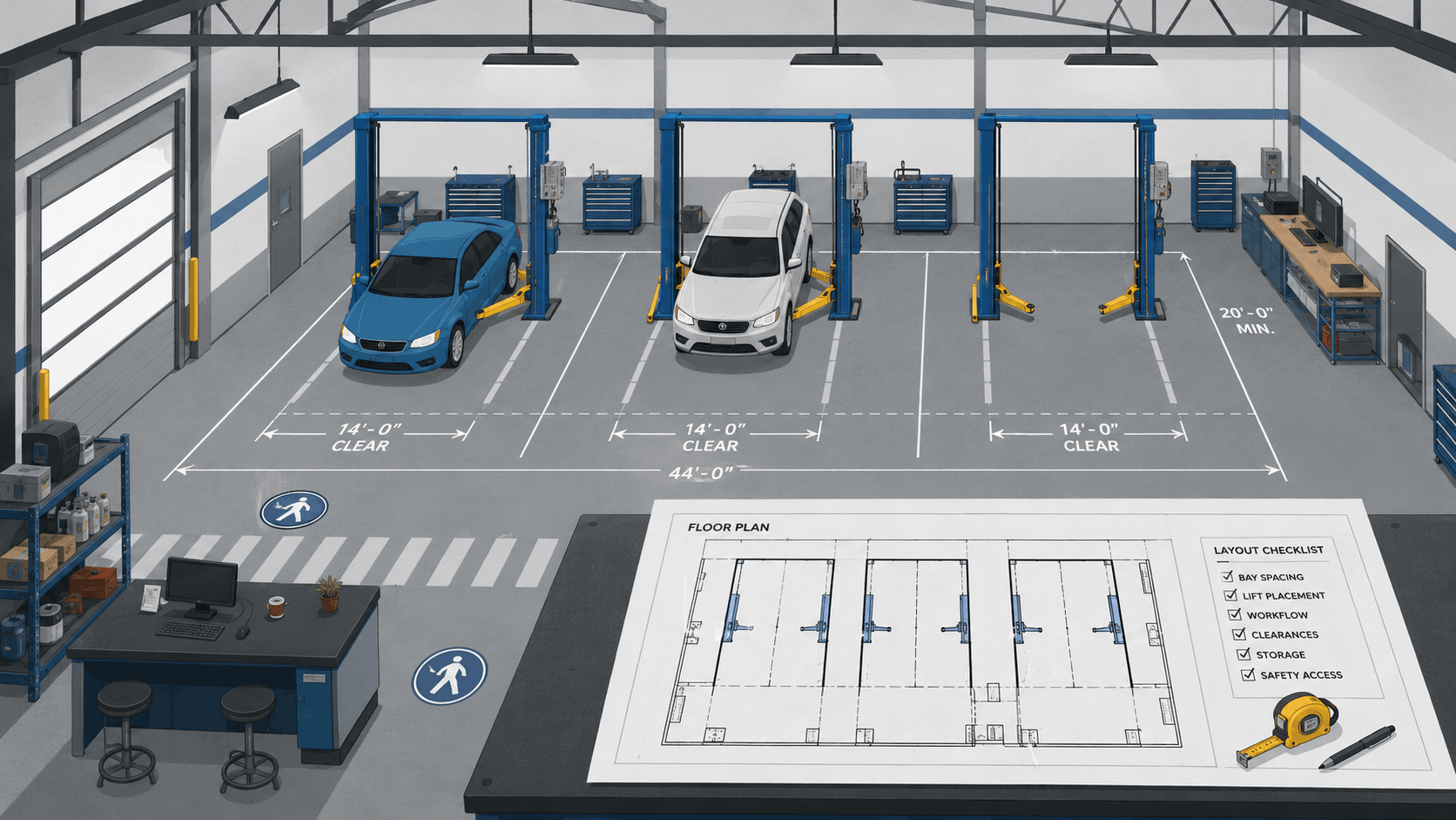 Auto shop floor plan showing three service bays, vehicle lift placement, bay spacing measurements, work areas, and equipment layout.