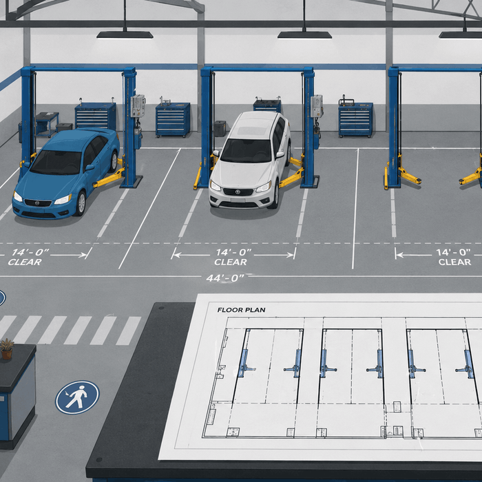 Auto shop floor plan showing three service bays, vehicle lift placement, bay spacing measurements, work areas, and equipment layout.