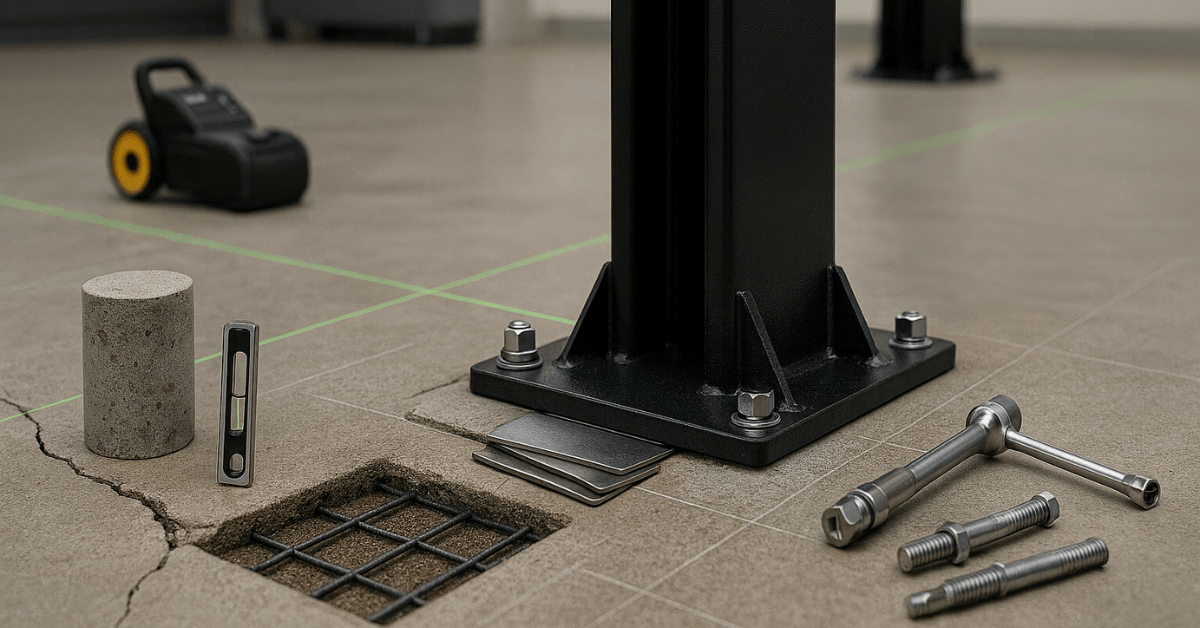 Car lift installation on imperfect concrete slab showing shimming, rebar check, and anchor hardware.