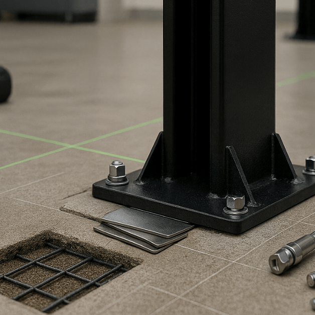 Car lift installation on imperfect concrete slab showing shimming, rebar check, and anchor hardware.