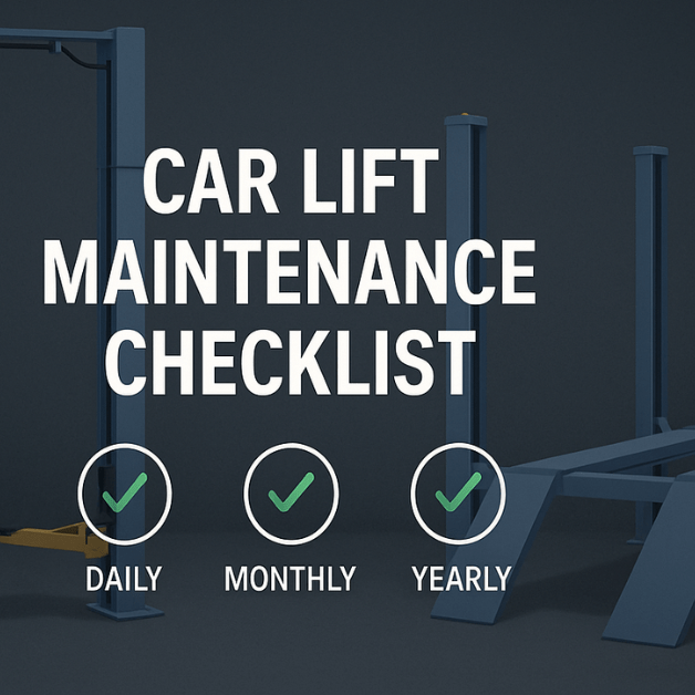 Car lift maintenance checklist hero image showing a 2-post and 4-post lift with daily, monthly, yearly checkmarks.