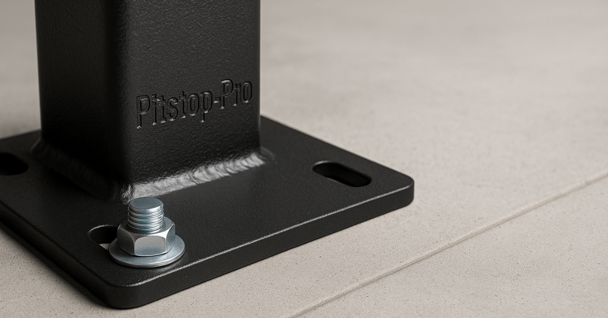 Do 4-post lifts need to be bolted down Close-up of 4-post lift base plate with anchor bolt on concrete.