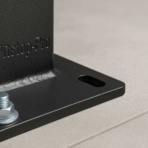 Do 4-post lifts need to be bolted down Close-up of 4-post lift base plate with anchor bolt on concrete.