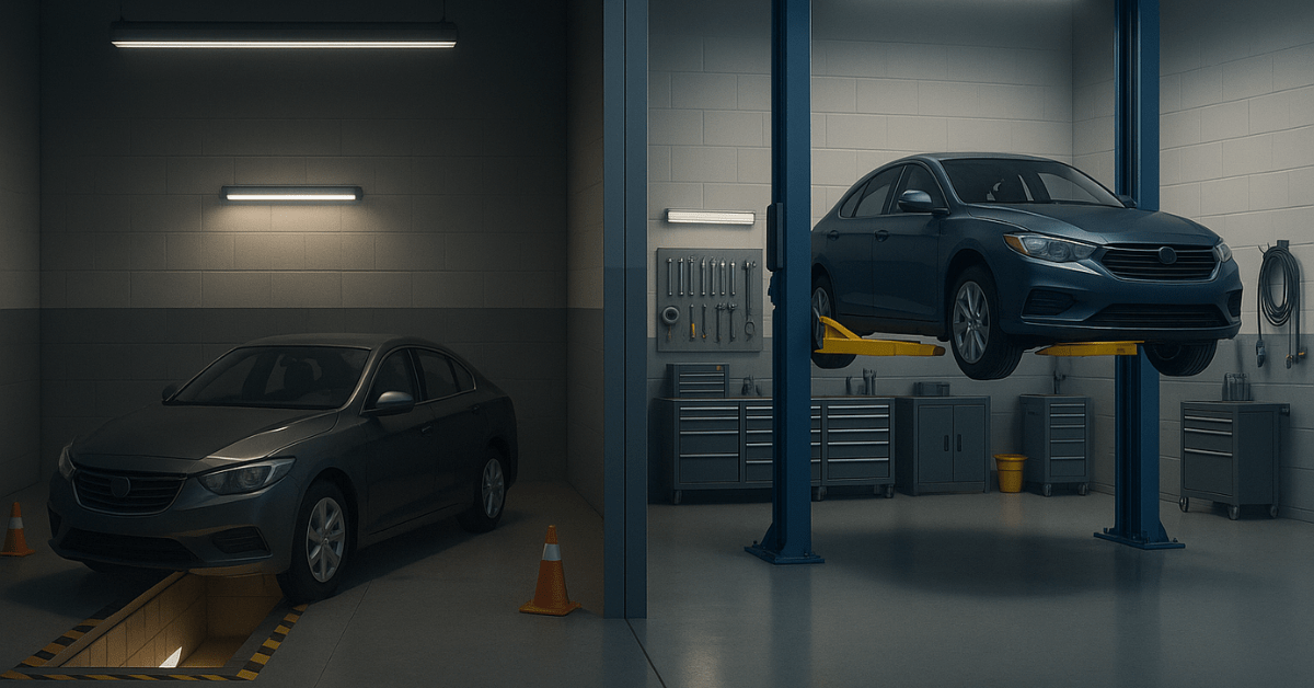 Garage Pit vs Car Lift comparison in an auto shop with one car over a service pit and another on a two post lift, highlighting safety and efficiency.