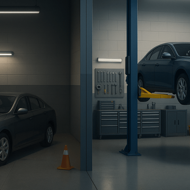 Garage Pit vs Car Lift comparison in an auto shop with one car over a service pit and another on a two post lift, highlighting safety and efficiency.