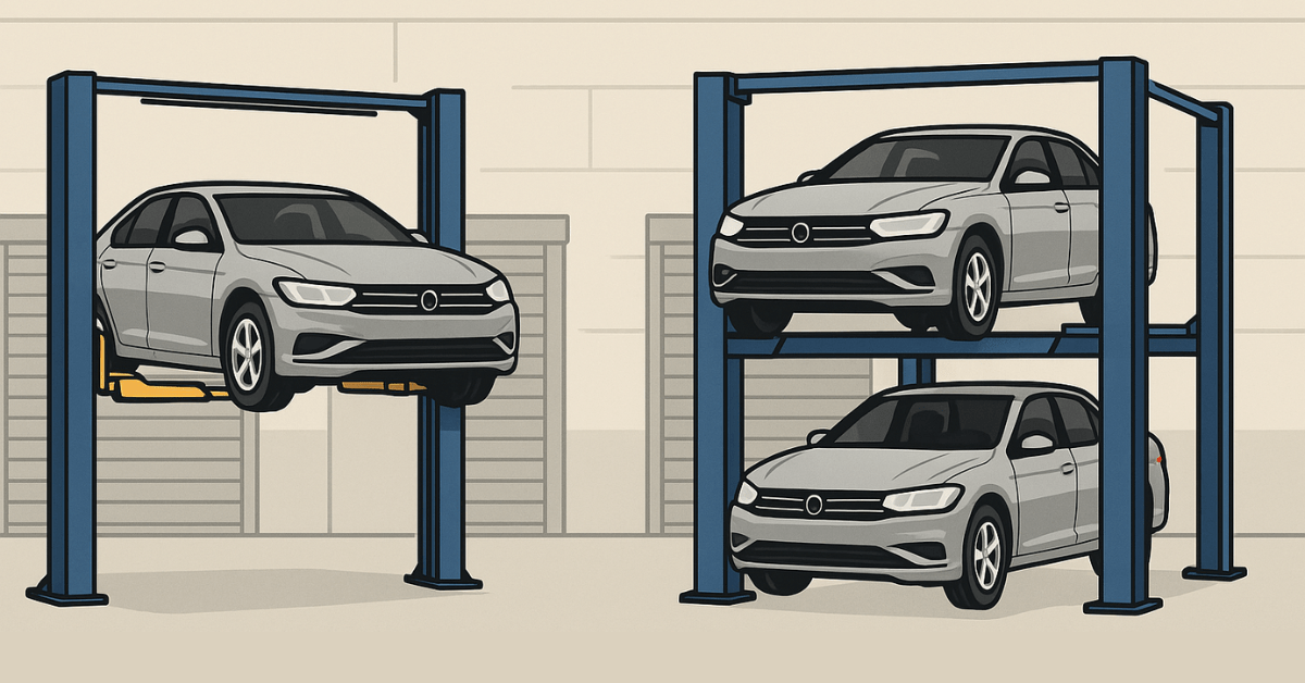 Graphic showing one car on a two post lift beside a four post lift storing two vehicles, demonstrating different lift setups
