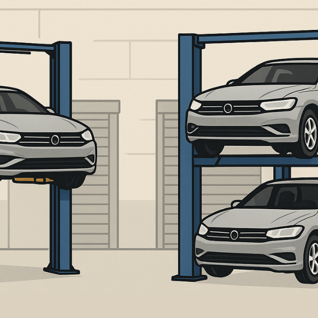 Graphic showing one car on a two post lift beside a four post lift storing two vehicles, demonstrating different lift setups