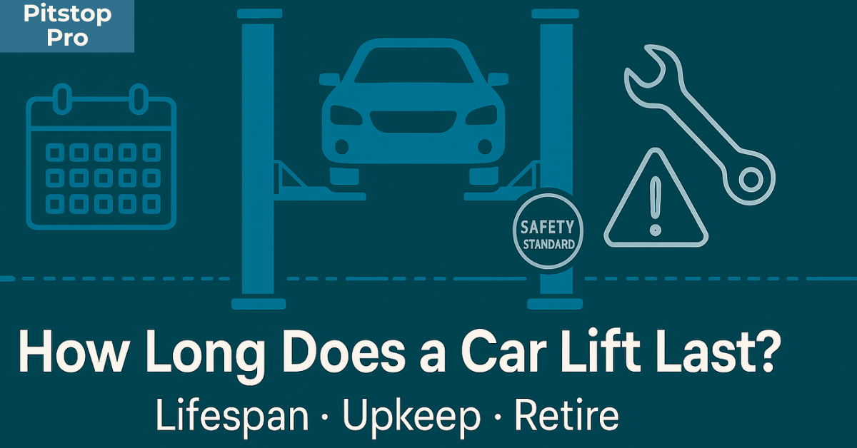 How Long Does a Car Lift Last hero graphic with car lift, calendar, wrench, and safety icons, text reads Lifespan Upkeep Retire
