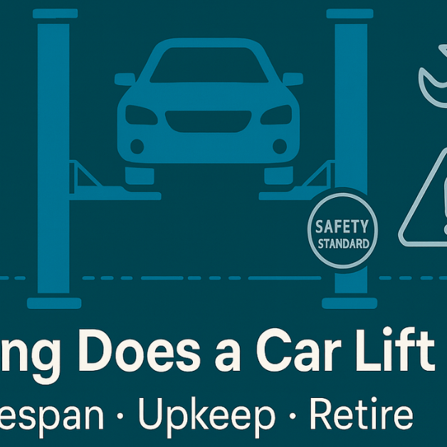 How Long Does a Car Lift Last hero graphic with car lift, calendar, wrench, and safety icons, text reads Lifespan Upkeep Retire