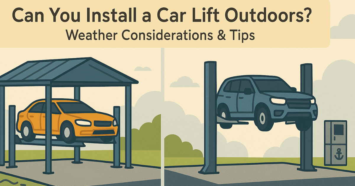 Install a car lift outdoors — weather considerations & tips with side-by-side scenes of a roofed 4-post and an exposed 2-post lift.
