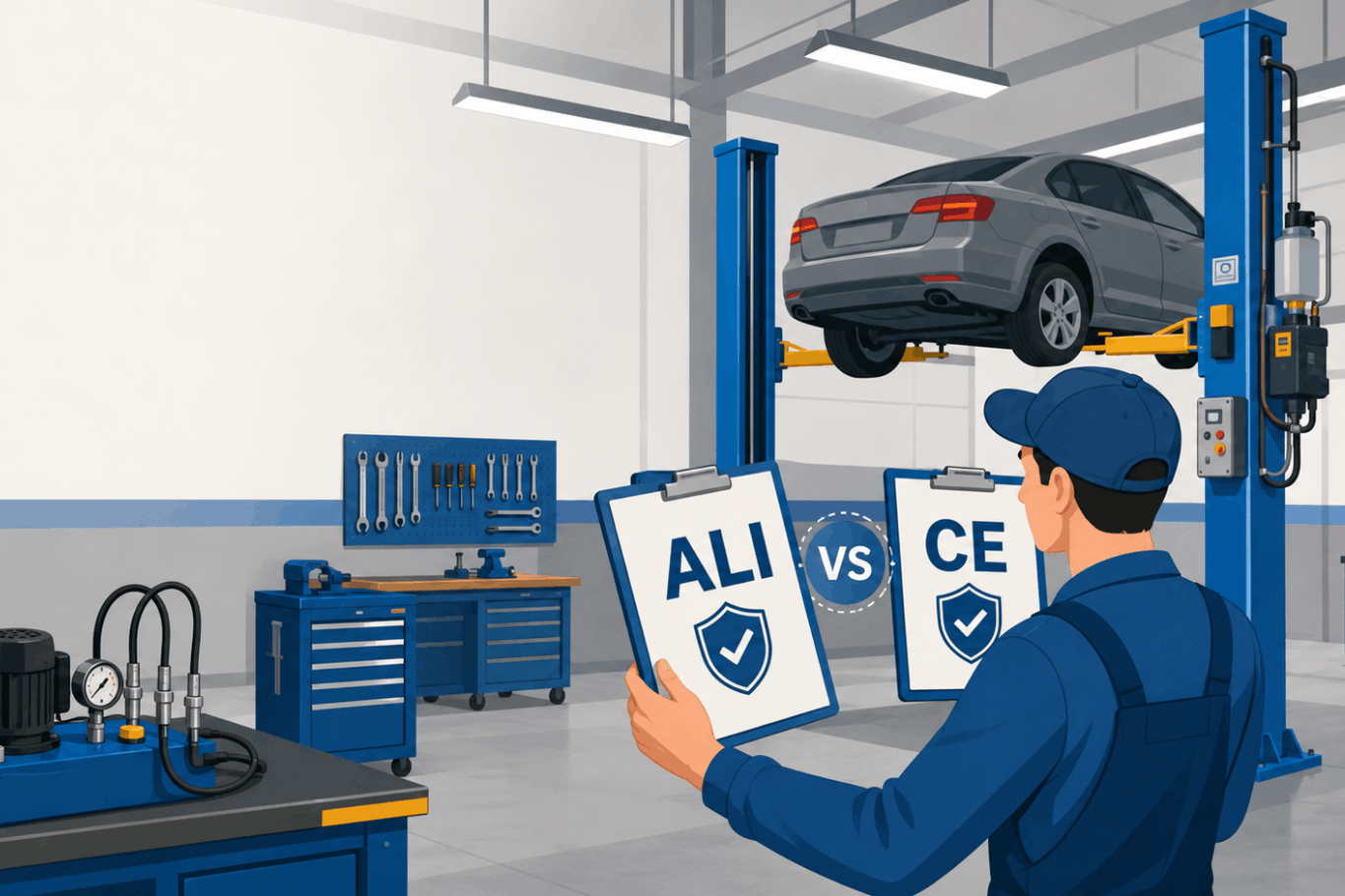 Mechanic comparing ALI and CE lift certification documents in an automotive shop with a car raised on a two-post lift.