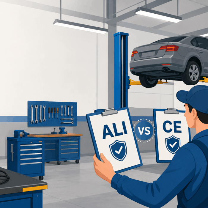 Mechanic comparing ALI and CE lift certification documents in an automotive shop with a car raised on a two-post lift.