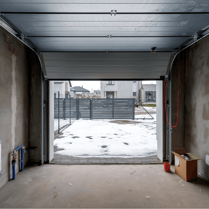 Partially open sectional garage door with unfinished garage interior and snowy driveway outside