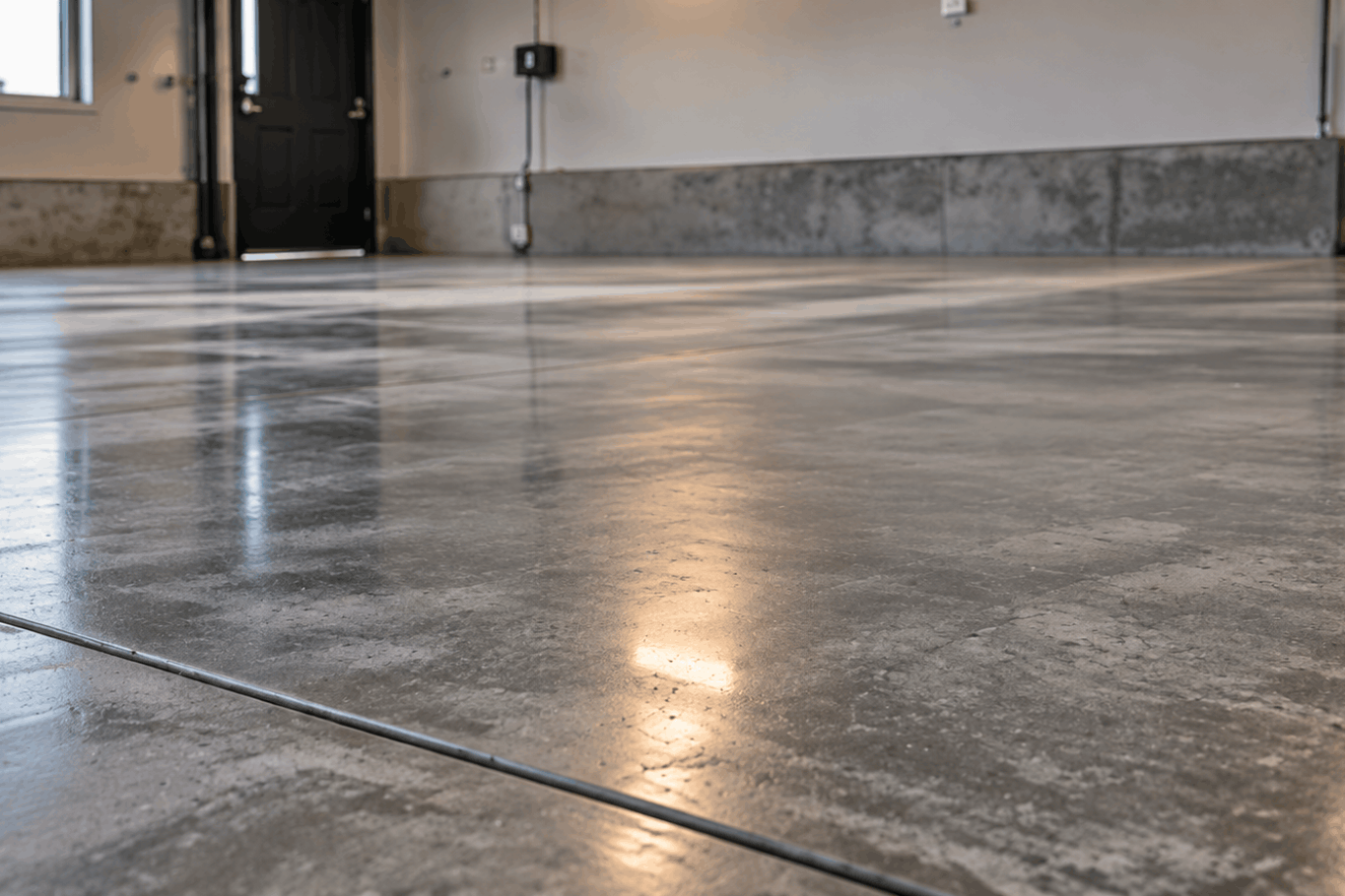 Polished concrete garage floor with visible control joints inside a clean, empty workshop.